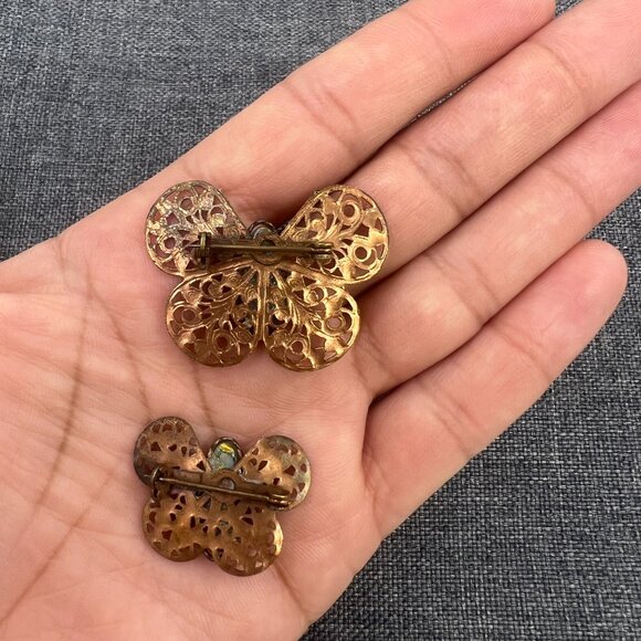 Antique Edwardian Butterfly Dragon's Breath Glass Bronze Pin Set - Picture 5 of 9